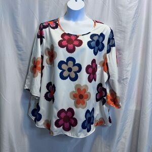 Shein White Floral Blouse with Colorful Retro Flowers, 3/4 Sleeves, Size 22